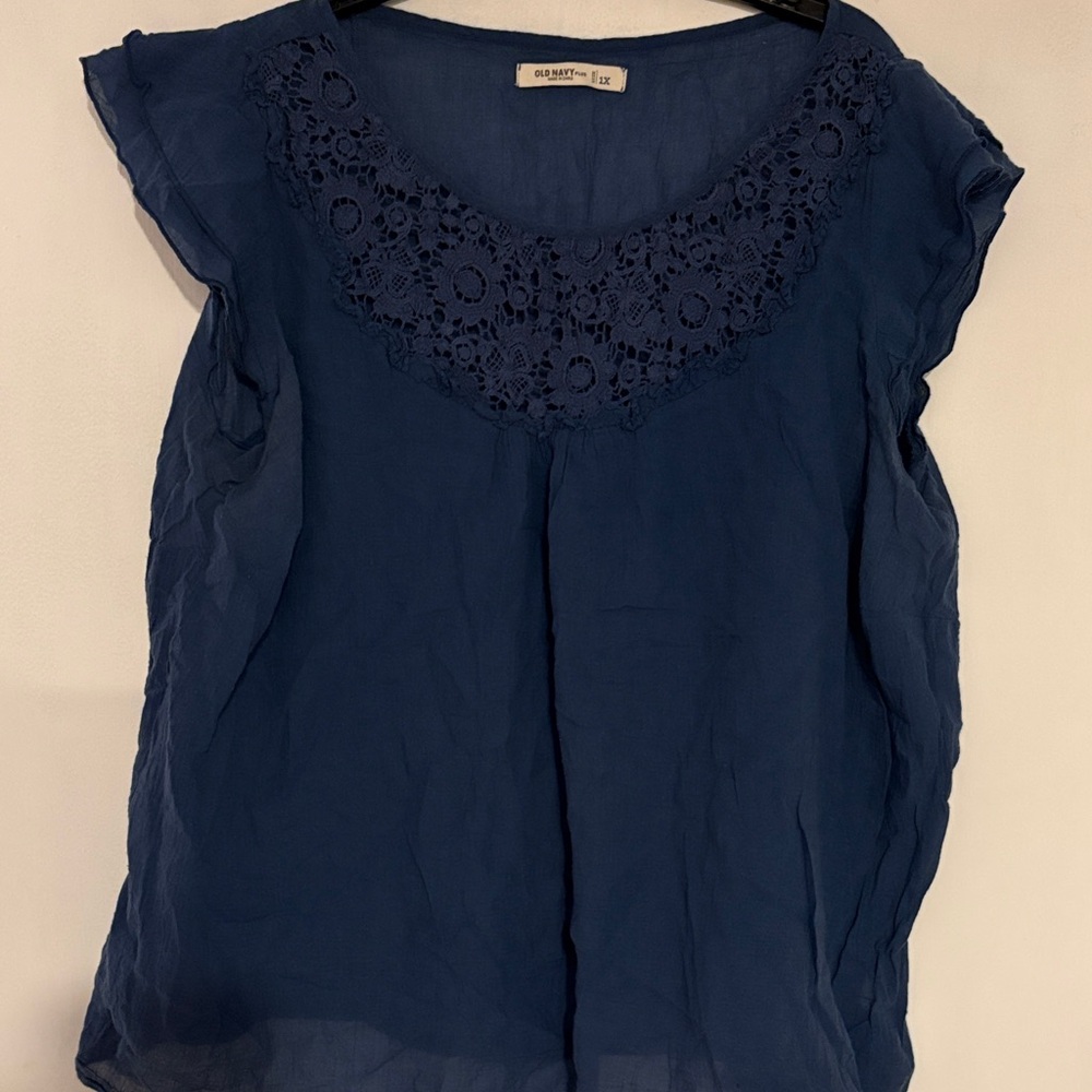 Old Navy Navy Blue Crochet Yoke Cap Sleeve Blouse
